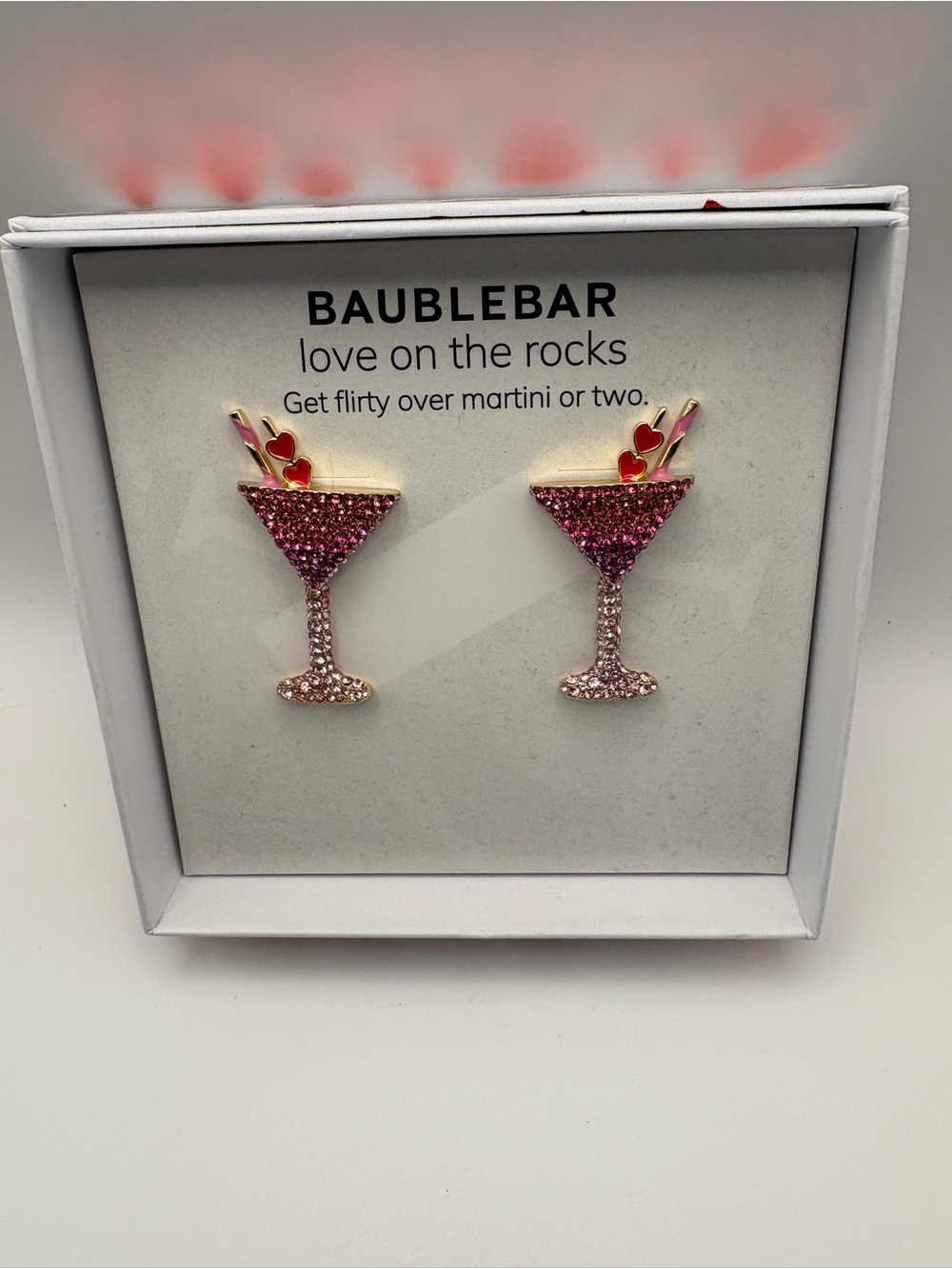 BaubleBar Gold Tone Pink Crystal Martini Glass Dangle Earrings